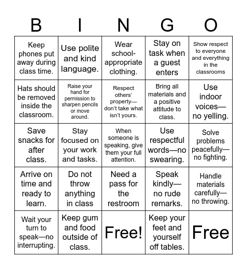 Expectations Bingo Card