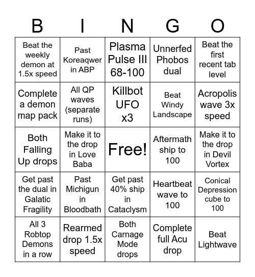 GD Dare/Challenge Bingo Card