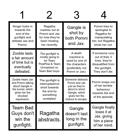 TADC EP6 Predictions Bingo Card