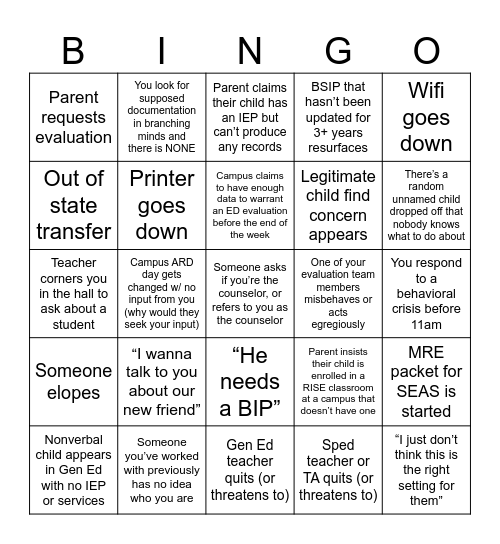 First Week Back Bingo-fest :-) Bingo Card
