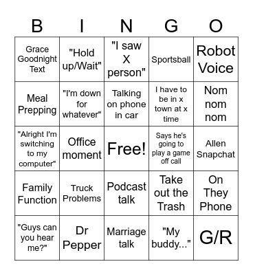 Reid on Call Bingo Card