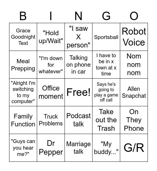 Reid on Call Bingo Card