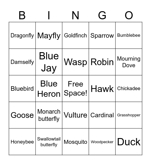 Winged Things Bingo Card