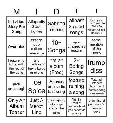 Mid Album Bingo Card