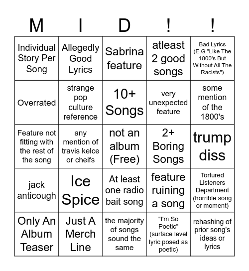 Mid Album Bingo Card