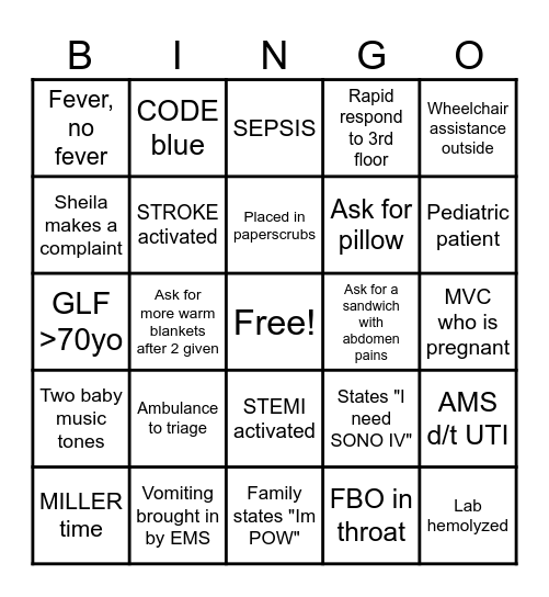 ER Bingo Card