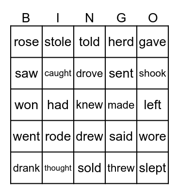 Past Tense Verbs Bingo Card