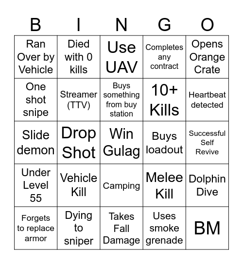Warzone Bingo Card