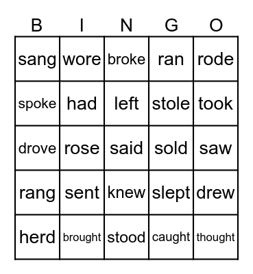 Past Tense Verbs Bingo Card