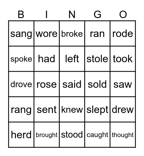 Past Tense Verbs Bingo Card
