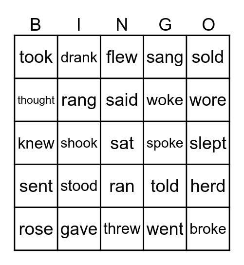 Past Tense Verbs Bingo Card