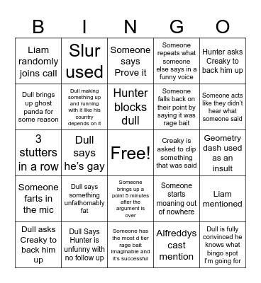 Dull and Hunter arguing bingo Card
