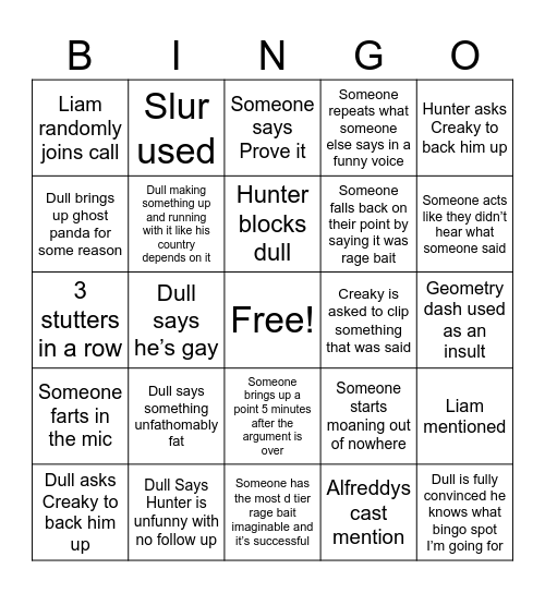 Dull and Hunter arguing bingo Card
