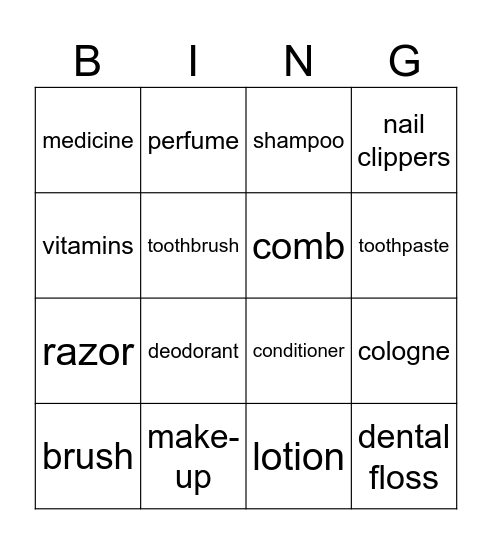 Personal Items Bingo Card