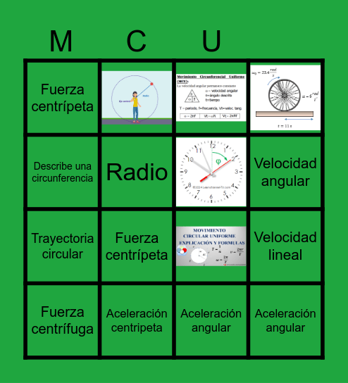 Movimiento circular uniforme Bingo Card