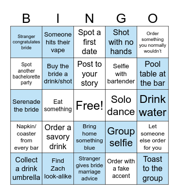 Bachelorette Bar Crawl Bingo Card