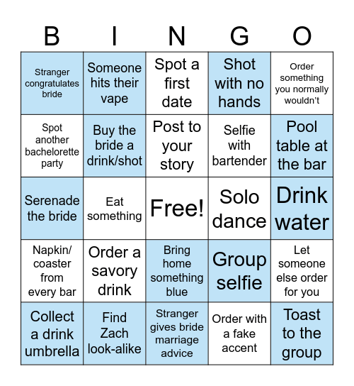Bachelorette Bar Crawl Bingo Card