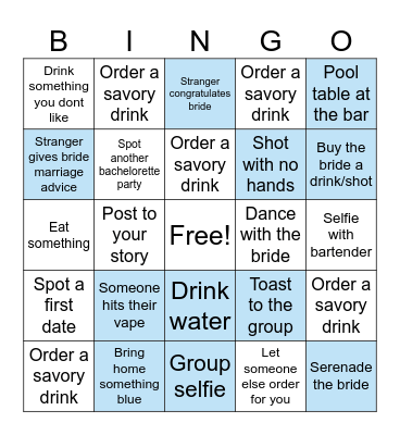 Bachelorette Bar Crawl Bingo Card