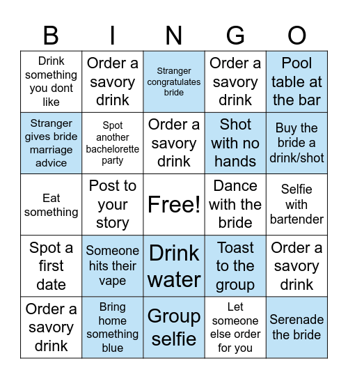 Bachelorette Bar Crawl Bingo Card