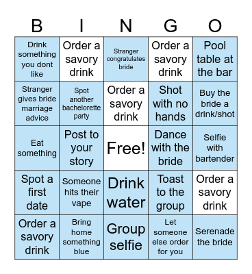 Bachelorette Bar Crawl Bingo Card