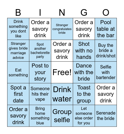 Bachelorette Bar Crawl Bingo Card