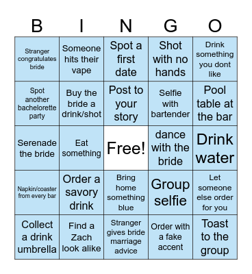 Bachelorette Bar Crawl Bingo Card
