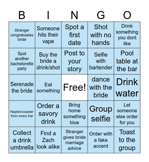 Bachelorette Bar Crawl Bingo Card
