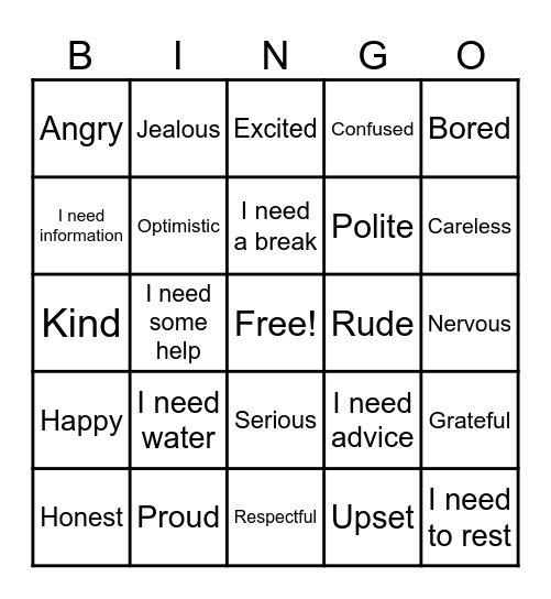 Feeling, Need and Attitude Bingo Card