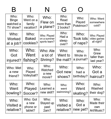 Back-to-School Bingo - What did you do over the holiday? Bingo Card