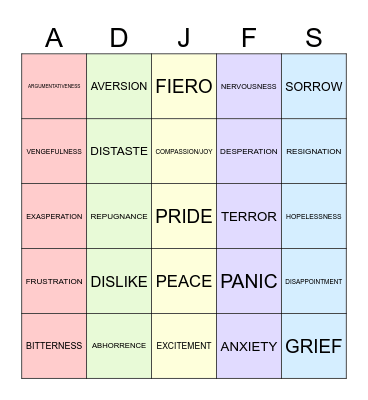 Bingo: Emotion Definition Bingo Card