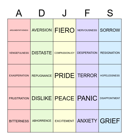 Bingo: Emotion Definition Bingo Card