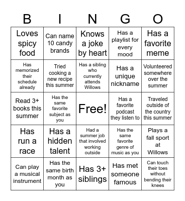 Back to School Icebreaker Bingo Card