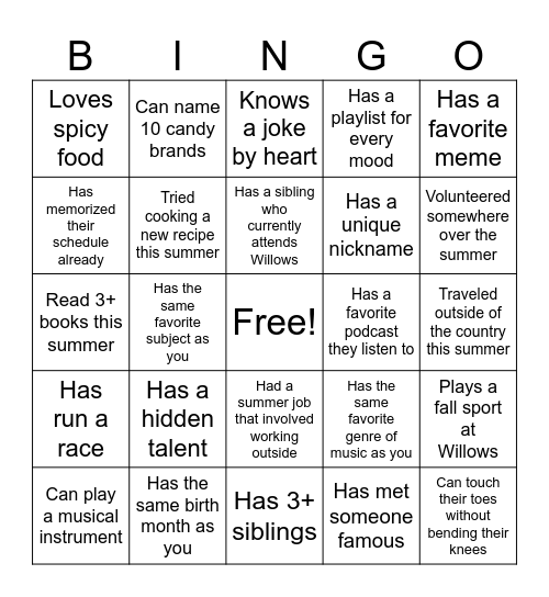 Back to School Icebreaker Bingo Card