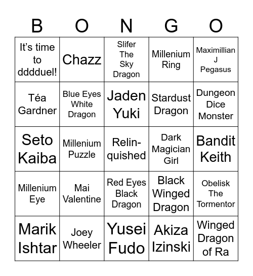 Yugi-O Bing-Go Bingo Card