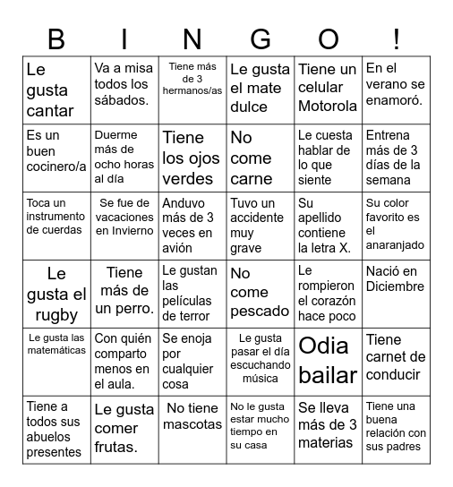 Bingo de los amigos Bingo Card