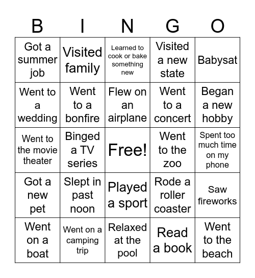 This summer I... Bingo Card