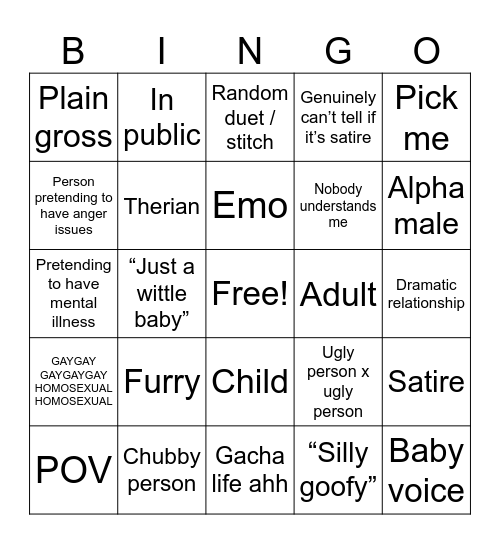 Cringe comp Bingo Card