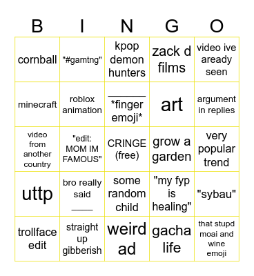 YT SHORTS BINGO Card