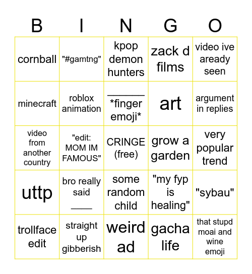 YT SHORTS BINGO Card