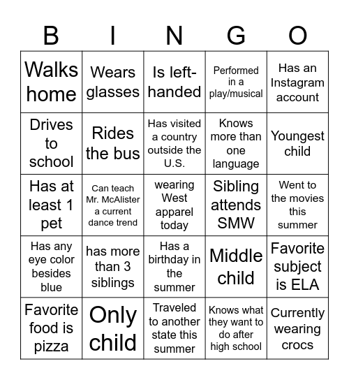 Getting to Know You Bingo Card