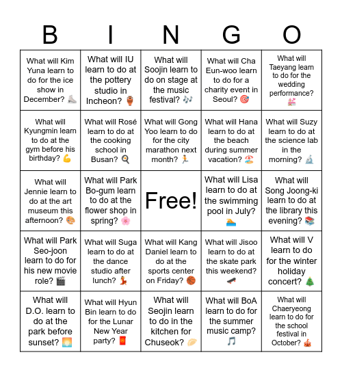 B17 L8 Q: What will Minho learn to do for the school talent show? 🎤 Bingo Card