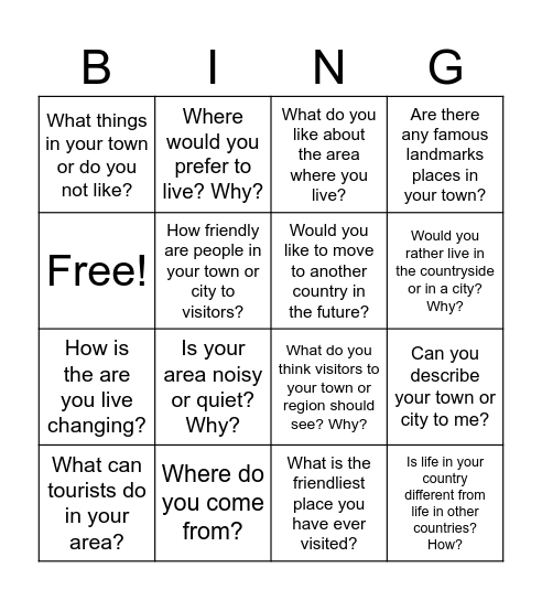 Great places to be Bingo Card
