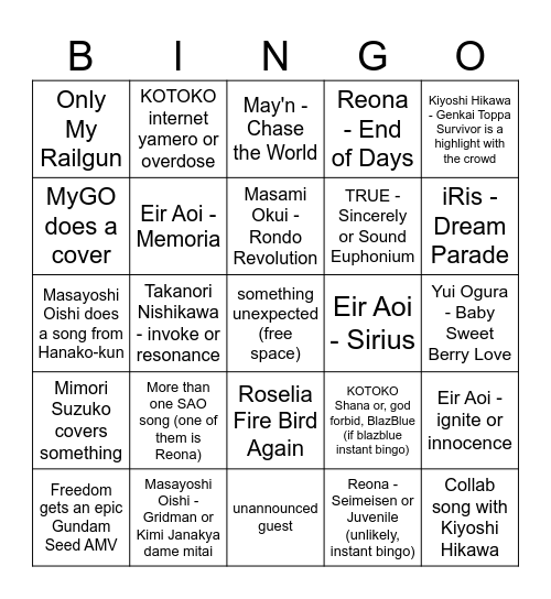 anisama day 1 Bingo Card