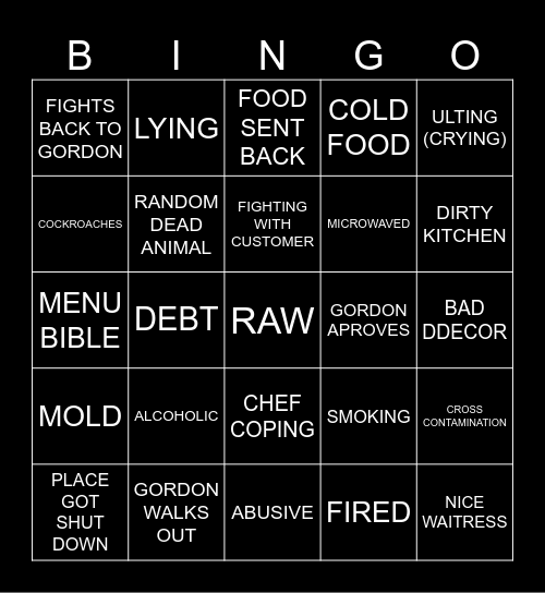 Kitchen Nightmare Bingo Card