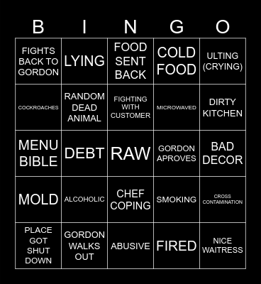 Kitchen Nightmare Bingo Card