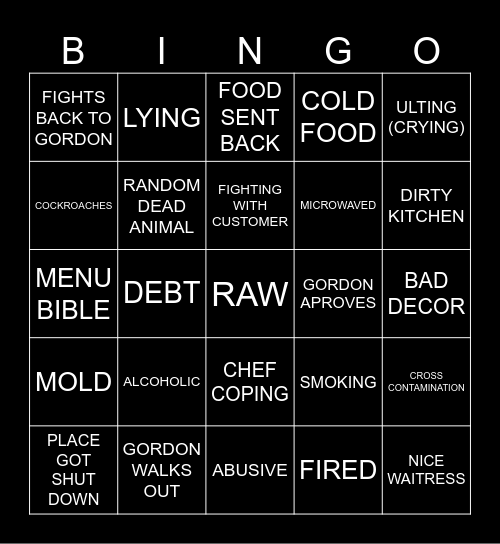 Kitchen Nightmare Bingo Card