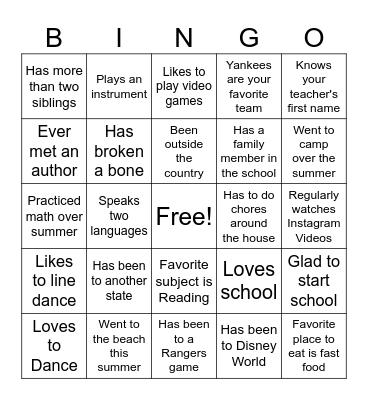 First Day of School Bingo Card