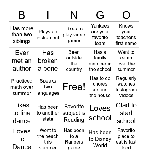 First Day of School Bingo Card