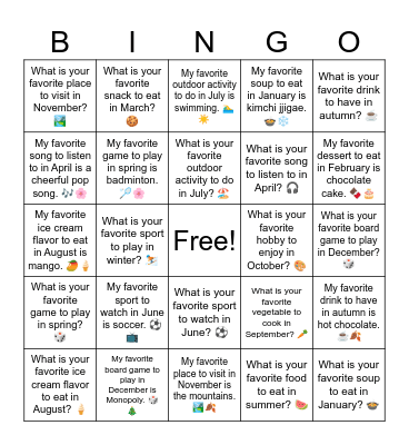 B8 L1 What is your favorite place to visit in November? 🏞️ Bingo Card
