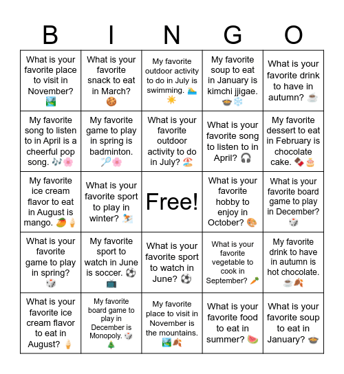 B8 L1 What is your favorite place to visit in November? 🏞️ Bingo Card
